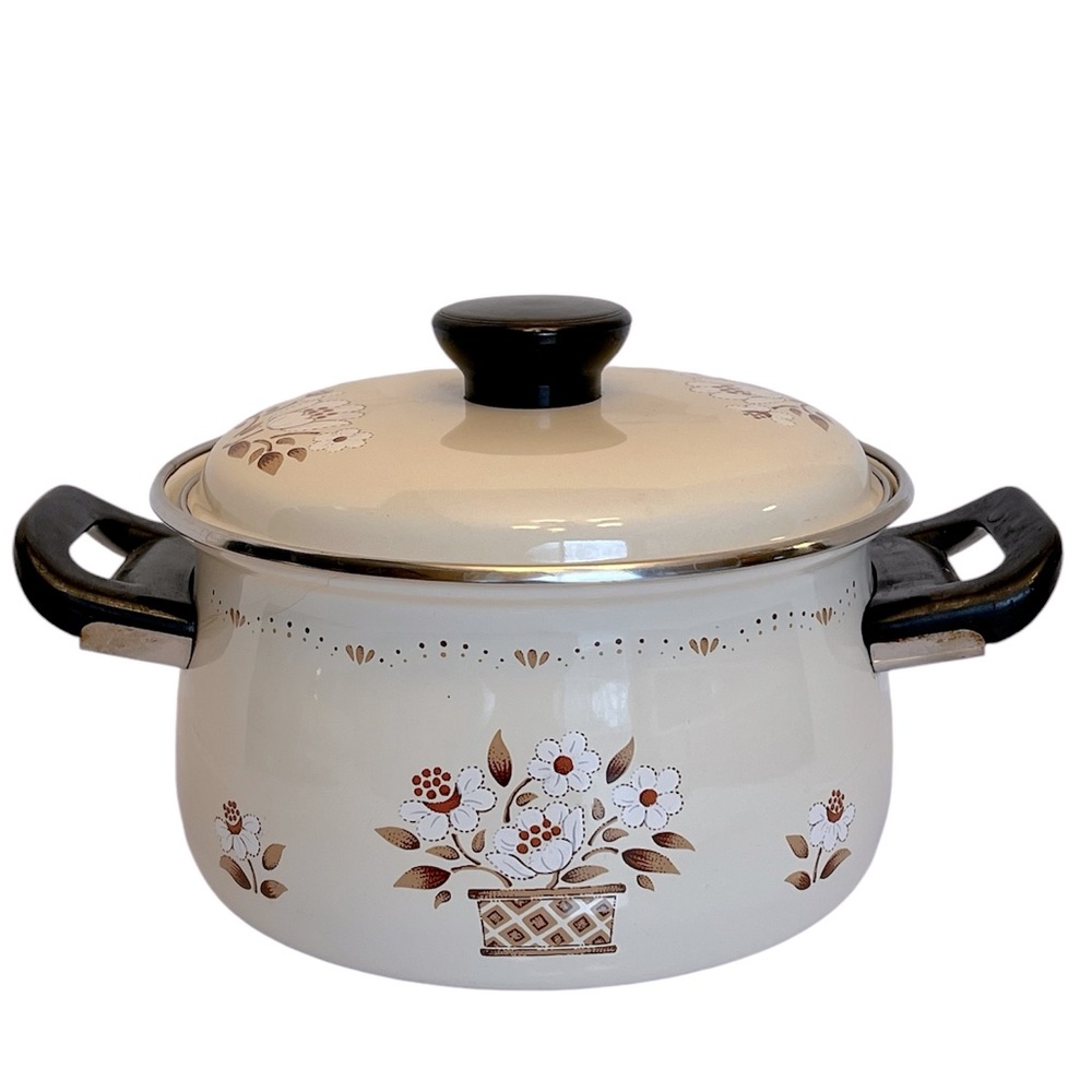 Porcelain on Steel Cookware Cream/Tan/Brown/White Floral Mayblossom Design.